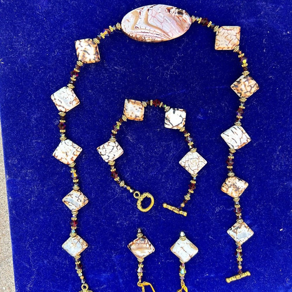Crab Fire and Dream Agate Swarovski Crystal Necklace, Bracelet, and Earrings